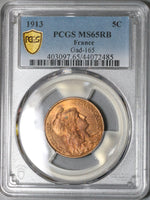 1913 PCGS MS 65 RB France 5 Centimes Marianne Dupuis Mint State Coin (22050805C)
