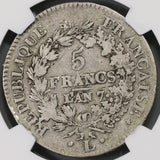 1798 NGC F 15 France 5 francs An 7-L Bayonne Directory Silver Coin (18123002C)