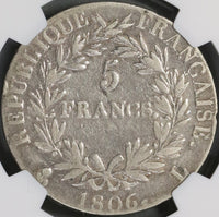 1806-L NGC F 12 France 5 Francs Napoleon Empire Bayonne Silver Coin (18090405C)