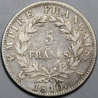 1810-A France 5 Francs Napoleon I VF Paris Mint Silver Coin (22070403R)