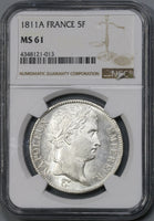 1811-A NGC MS 61 France 5 Francs Napoleon Paris Mint State Silver Coin (19080301C)