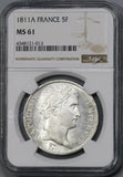 1811-A NGC MS 61 France 5 Francs Napoleon Paris Mint State Silver Coin (19080301C)