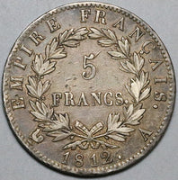 1812-A France 5 Francs XF Napoleon Emperor Silver Crown Paris Coin (22081201R)