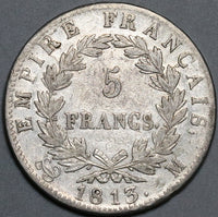 1813-M France Napoleon 5 Francs VF Toulouse Silver Coin (22013003R)