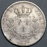 1814-L France Louis XVIII 5 Francs XF Bayonne Mint Silver 1st Restoration Coin (23122507R)
