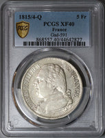 1815/4-Q PCGS XF 40 France Louis XVIII 5 Francs Overdate Perpignan Silver Coin POP 1/1 (22090405D)