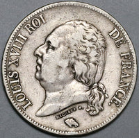 1823-A France Louis XVIII 5 Francs VF Paris Silver Coin (22013005R)