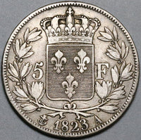 1823-A France Louis XVIII 5 Francs VF Paris Silver Coin (22013005R)
