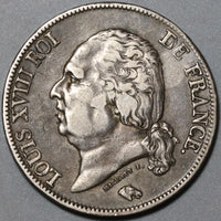 1824-H France 5 Francs Louis XVIII La Rochelle Scarce Silver Coin (20062101R)