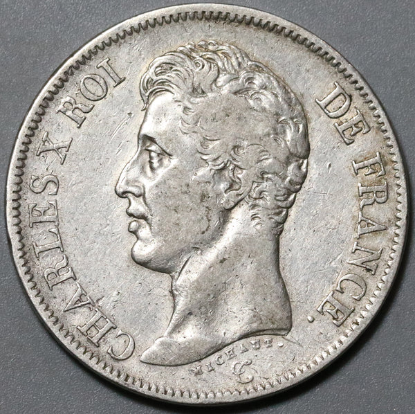 1825-K France 5 Francs Charles X Bordeaux Scarce Silver Coin (20062102R)