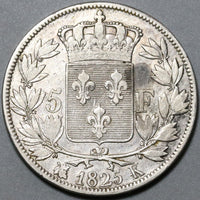 1825-K France 5 Francs Charles X Bordeaux Scarce Silver Coin (20062102R)