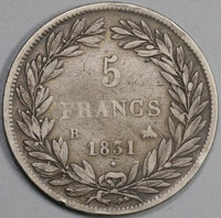 1831-B France 5 Francs Louis Philippe I Silver Bare Head Rouen Mint Rare Crown Coin (19081001R)