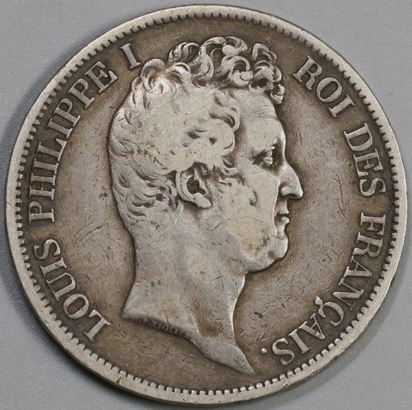 1831-B France 5 Francs Louis Philippe I Silver Bare Head Rouen Mint Rare Crown Coin (19081001R)