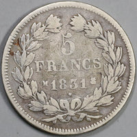 1831-M France 5 Francs Louis Philippe I Silver Toulouse Mint Rare Crown Coin (19081005R)