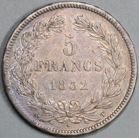 1832-T France 5 Francs Louis Philippe I Silver Nantes Mint Crown Coin (19081010R)