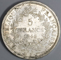 1848-K France 5 Francs Coin Hercules Bordeaux Mint Key Date Silver Coin (19080401R)