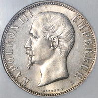 1856-A NGC AU 58  France 5 Francs Napoleon III Silver Empire Coin (21021401C)