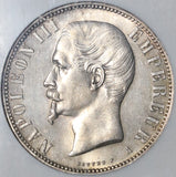 1856-A NGC AU 58  France 5 Francs Napoleon III Silver Empire Coin (21021401C)