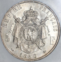 1856-A NGC AU 58  France 5 Francs Napoleon III Silver Empire Coin (21021401C)