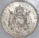 1856-A NGC AU 58  France 5 Francs Napoleon III Silver Empire Coin (21021401C)