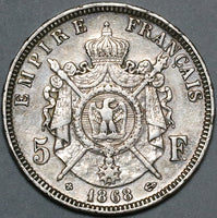 1868-BB France 5 Francs Napoleon III VF Strasbourg Mint Silver Coin (22071701R)