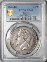 1868-BB PCGS XF 40 France 5 Francs Napoleon III Strasbourg Silver Coin (22060302C)