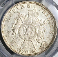 1870-A PCGS AU 58 France 5 Francs Napoleon III Paris Silver Coin (23042203C)