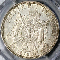 1870-A PCGS AU 58 France 5 Francs Napoleon III Paris Silver Coin (23042203C)