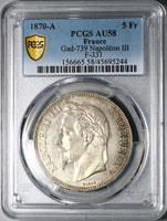 1870-A PCGS AU 58 France 5 Francs Napoleon III Paris Silver Coin (23042203C)