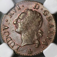 1789-T NGC MS 61 France Louis XVI Liard Nantes Mint Coin POP 1/1 (23032302C)
