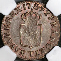 1789-T NGC MS 61 France Louis XVI Liard Nantes Mint Coin POP 1/1 (23032302C)