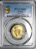 1935 PCGS MS 65 France 1 Franc Morlon Key Date Mint State Coin (22072801C)