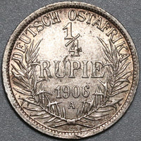 1906-A German East Africa 1/4 Rupie VF Silver Wilhelm II Scarce Colonial Coin (21032201R)