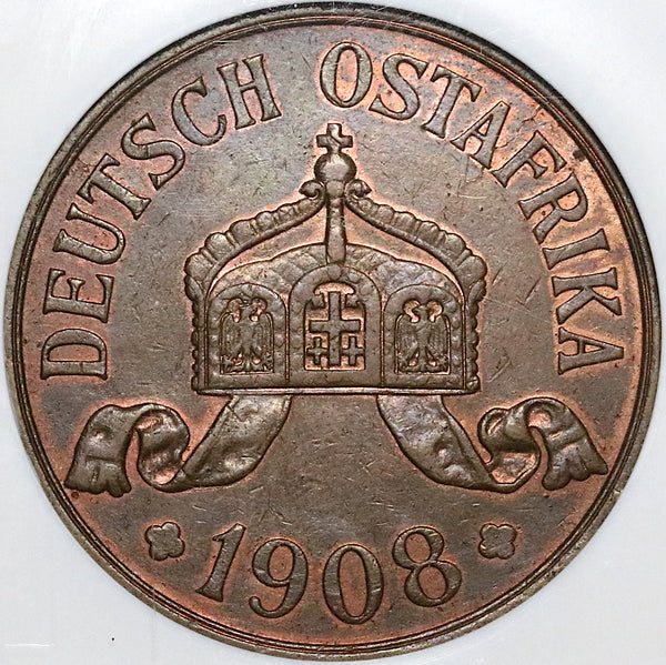 1908-J NGC AU 58 German East Africa 5 Heller Colonial Bronze Coin (22051102C)