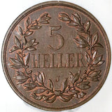 1908-J NGC AU 58 German East Africa 5 Heller Colonial Bronze Coin (22051102C)