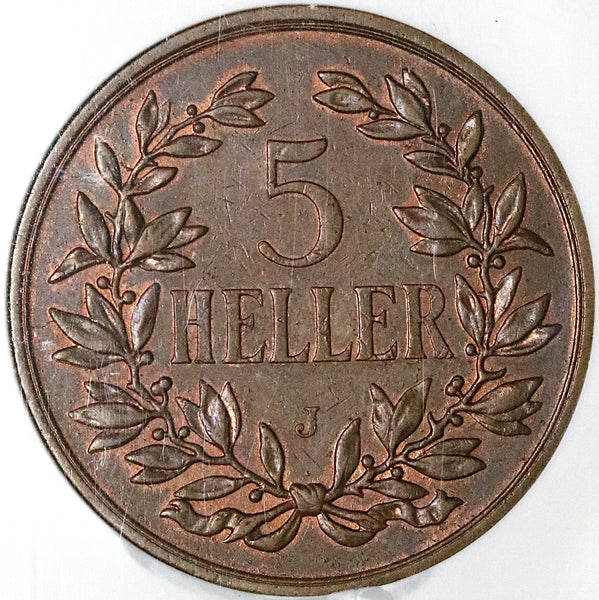 は*茶様 1890年ドイツ領　東アフリカ植民地1ペサ銅貨　ハイグレード　銅色 1908-J NGC AU 58 German East Africa 5 Heller Colonial Bronze Coin
