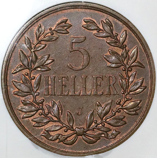 1908-J NGC AU 58 German East Africa 5 Heller Colonial Bronze Coin