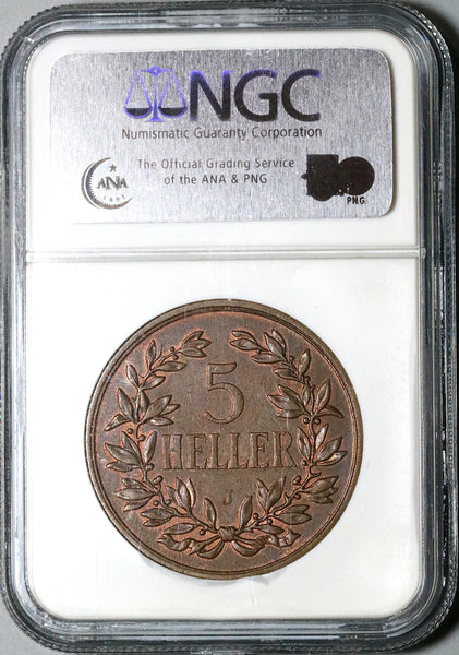 1908-J NGC AU 58 German East Africa 5 Heller Colonial Bronze Coin