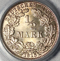 1915-E PCGS MS 66 Germany 1/2 Mark Muldenhutten Mint Silver Coin (23032103C)