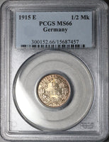 1915-E PCGS MS 66 Germany 1/2 Mark Muldenhutten Mint Silver Coin (23032103C)