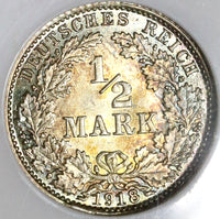 1918-D NGC MS 66 Germany Silver 1/2 Mark WWI Kaiser Reich Coin (20010902C)