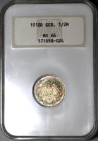 1918-D NGC MS 66 Germany Silver 1/2 Mark WWI Kaiser Reich Coin (20010902C)