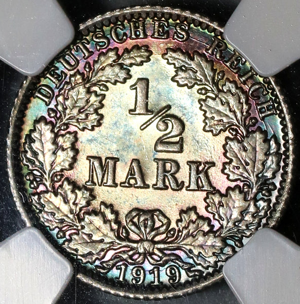 1919-A NGC MS 65 Germany Silver 1/2 Mark Kaiser Reich Berlin Coin (20010903C)