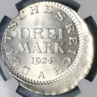 1924-A NGC MS 64 Germany Weimar 3 Mark Off Center Error Silver Coin (21091401C)