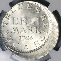 1924-A NGC MS 64 Germany Weimar 3 Mark Off Center Error Silver Coin (21091401C)