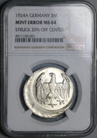 1924-A NGC MS 64 Germany Weimar 3 Mark Off Center Error Silver Coin (21091401C)