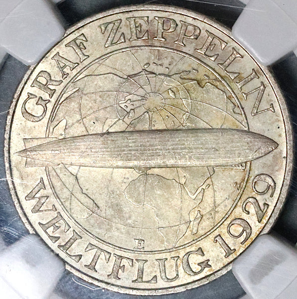 1930-E NGC MS 64 Germany 3 Mark Zeppelin World Flight Silver Coin