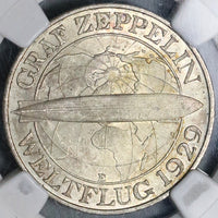 1930-E NGC MS 64 Germany 3 Mark Zeppelin World Flight Silver Coin (22050501D)