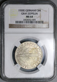 1930-E NGC MS 64 Germany 3 Mark Zeppelin World Flight Silver Coin (22050501D)