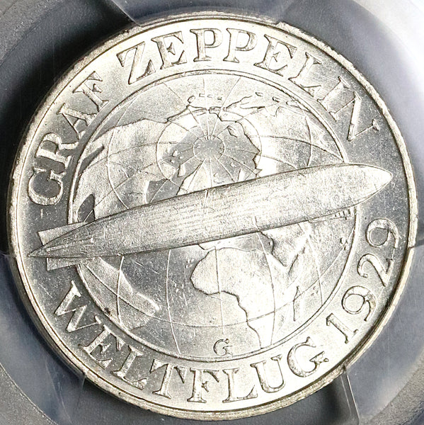 1930-G PCGS MS 63 Zeppelin World Flight Germany 3 Mark Silver 61k Coin (21100604C)
